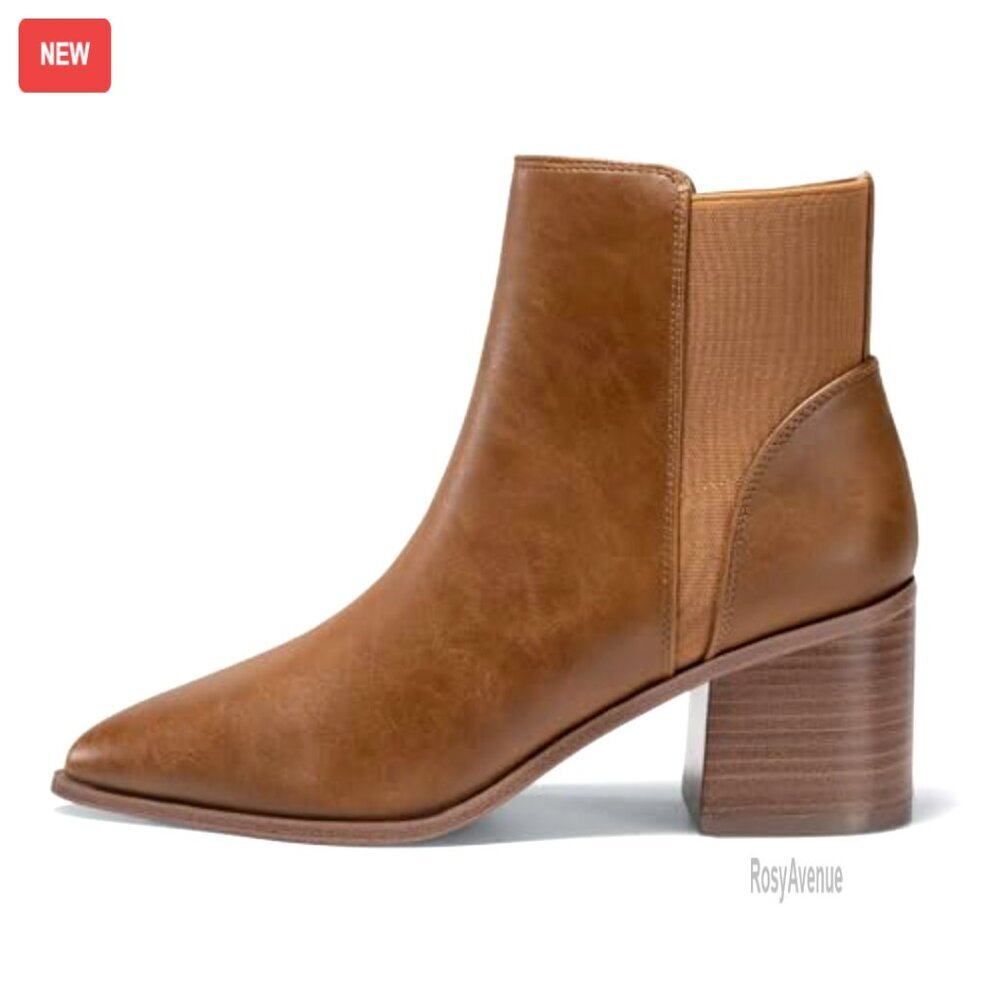 Pointed Toe Ankle Boots Elastic Chunky Block Heel Slip On Chelsea Booties - Picture 4 of 7